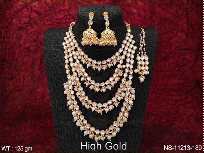 Yakshami High Gold Polish Designer Fancy Style 4 Layer Kundan Jewellery Long Beautiful Dulhan Necklace Set for women